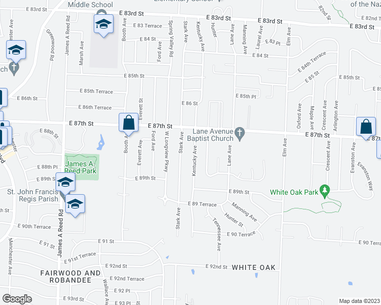 map of restaurants, bars, coffee shops, grocery stores, and more near 8716 Kentucky Avenue in Raytown