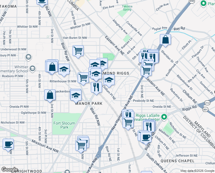 map of restaurants, bars, coffee shops, grocery stores, and more near 6110 1st Place Northeast in Washington