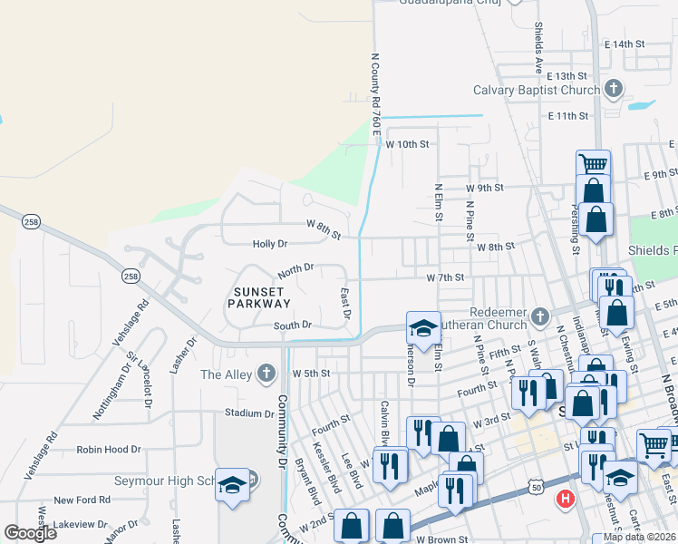 map of restaurants, bars, coffee shops, grocery stores, and more near 691 East Drive in Seymour