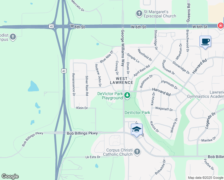 map of restaurants, bars, coffee shops, grocery stores, and more near 6113 Palisades Drive in Lawrence