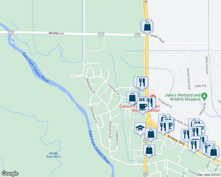 map of restaurants, bars, coffee shops, grocery stores, and more near 1763 Fir Tree Circle in Minden