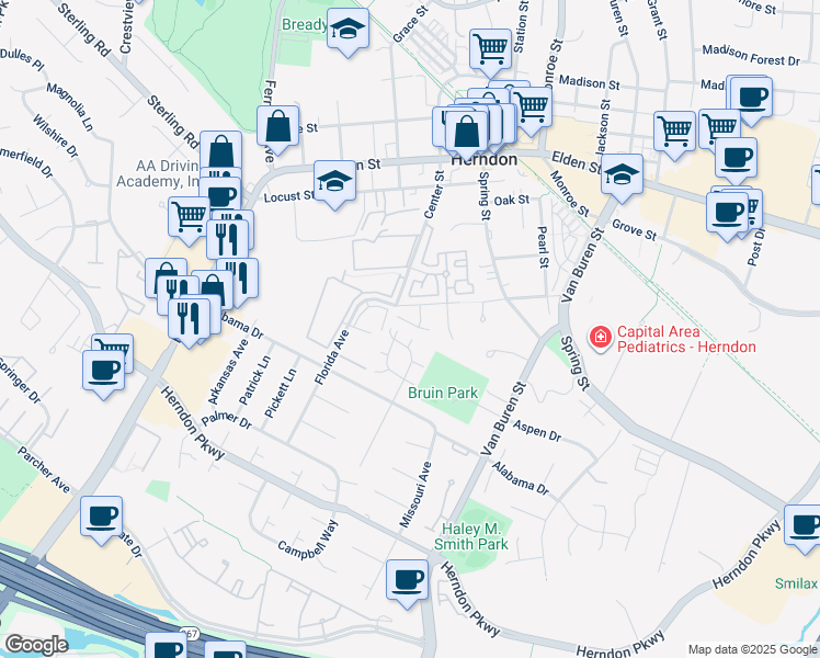 map of restaurants, bars, coffee shops, grocery stores, and more near 721 Herndon Woods Court in Herndon