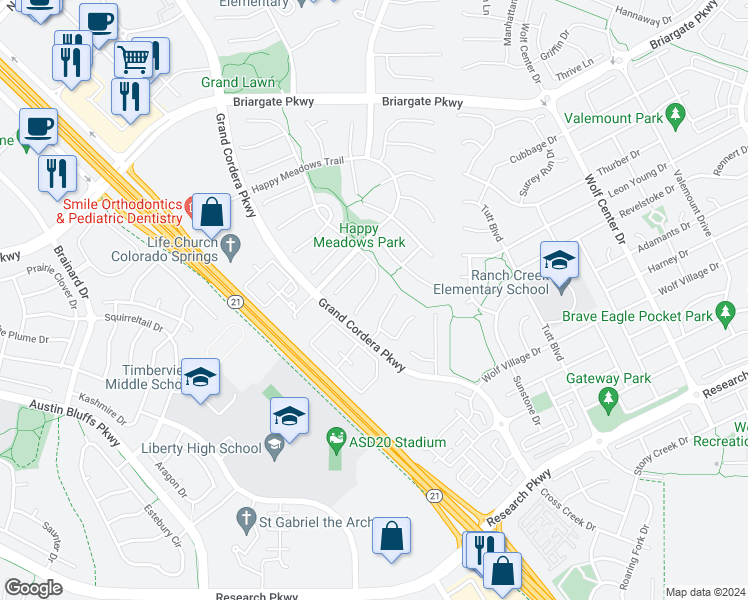 map of restaurants, bars, coffee shops, grocery stores, and more near 9155 Lizard Rock Trail in Colorado Springs