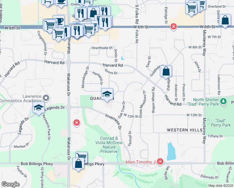 map of restaurants, bars, coffee shops, grocery stores, and more near 4601 Woodland Drive in Lawrence