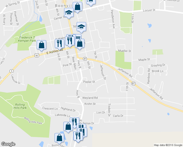map of restaurants, bars, coffee shops, grocery stores, and more near 1308 6th Street in Boonville