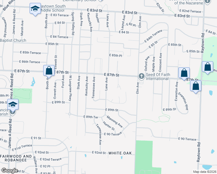 map of restaurants, bars, coffee shops, grocery stores, and more near 8715 Lane Avenue in Kansas City