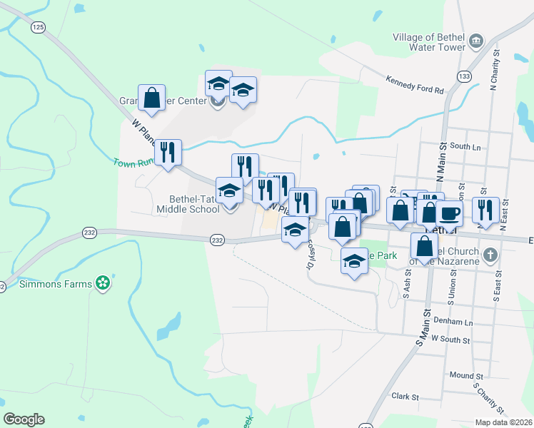 map of restaurants, bars, coffee shops, grocery stores, and more near 625 West Plane Street in Bethel