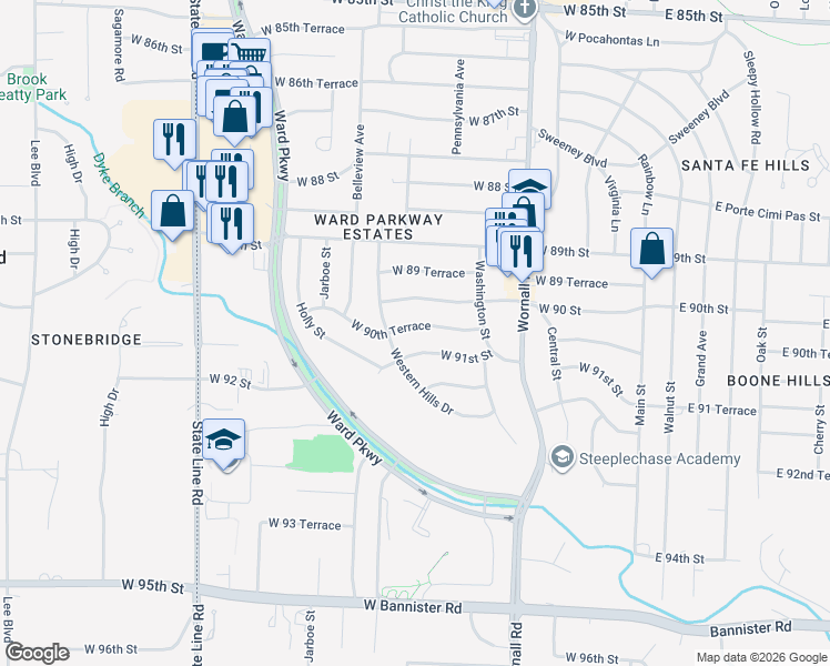 map of restaurants, bars, coffee shops, grocery stores, and more near 700 West 91st Street in Kansas City