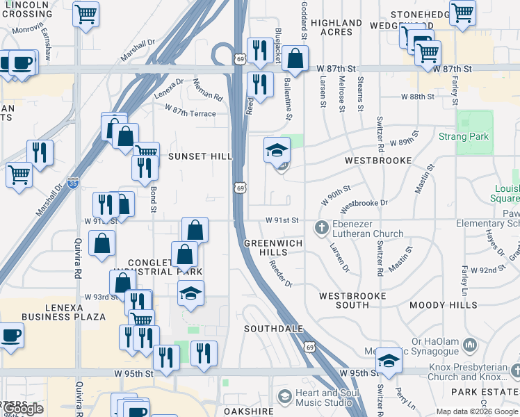 map of restaurants, bars, coffee shops, grocery stores, and more near 11008 West 91st Street in Overland Park