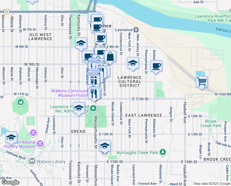 map of restaurants, bars, coffee shops, grocery stores, and more near 1046 Rhode Island Street in Lawrence