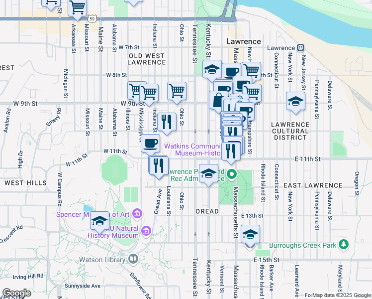 map of restaurants, bars, coffee shops, grocery stores, and more near 1045 Tennessee Street in Lawrence