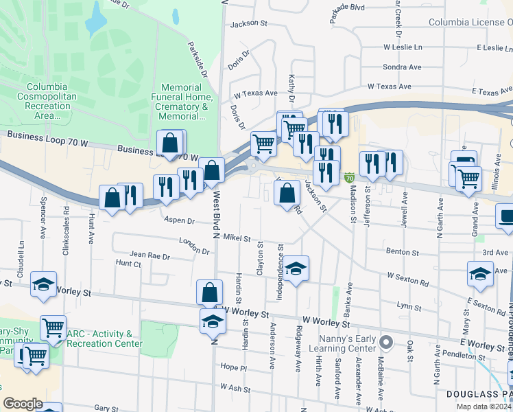 map of restaurants, bars, coffee shops, grocery stores, and more near 1009 Clayton Street in Columbia