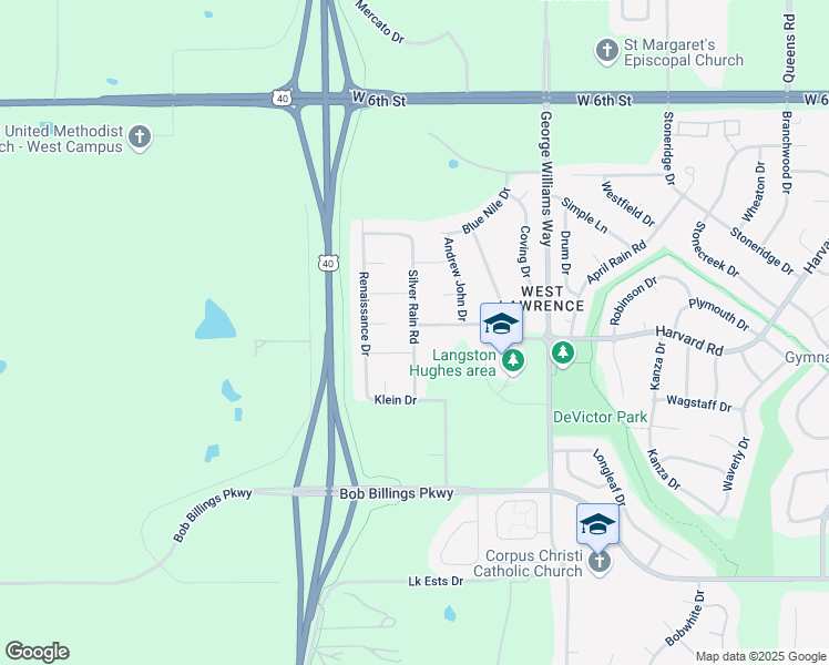 map of restaurants, bars, coffee shops, grocery stores, and more near 924 Silver Rain Road in Lawrence