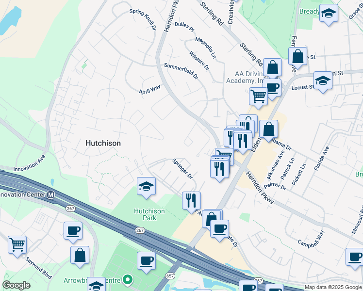 map of restaurants, bars, coffee shops, grocery stores, and more near 500 Early Fall Court in Herndon