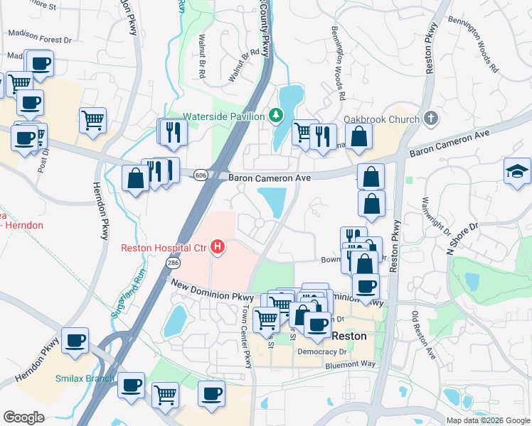 map of restaurants, bars, coffee shops, grocery stores, and more near 1724 Lake Shore Crest Drive in Reston