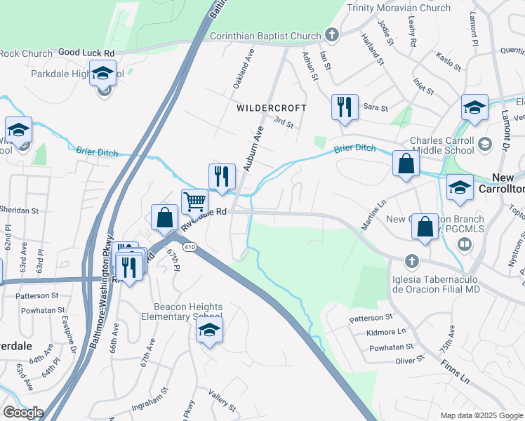 map of restaurants, bars, coffee shops, grocery stores, and more near 6872 Riverdale Rd in Lanham-Seabrook