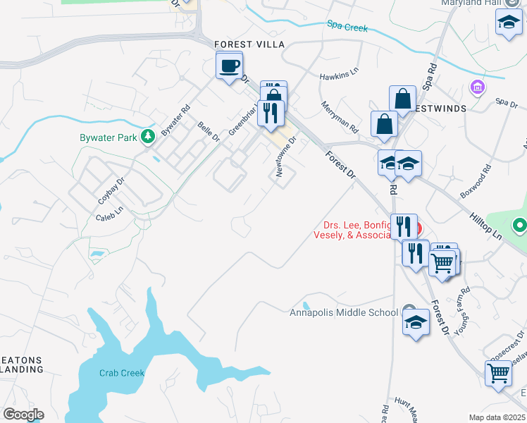 map of restaurants, bars, coffee shops, grocery stores, and more near 705 Newtowne Drive in Annapolis