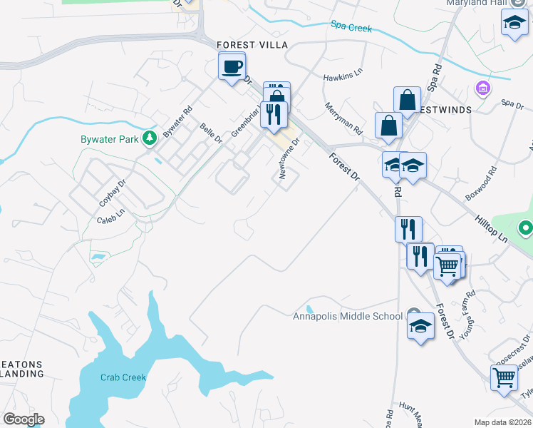 map of restaurants, bars, coffee shops, grocery stores, and more near 705 Newtowne Drive in Annapolis