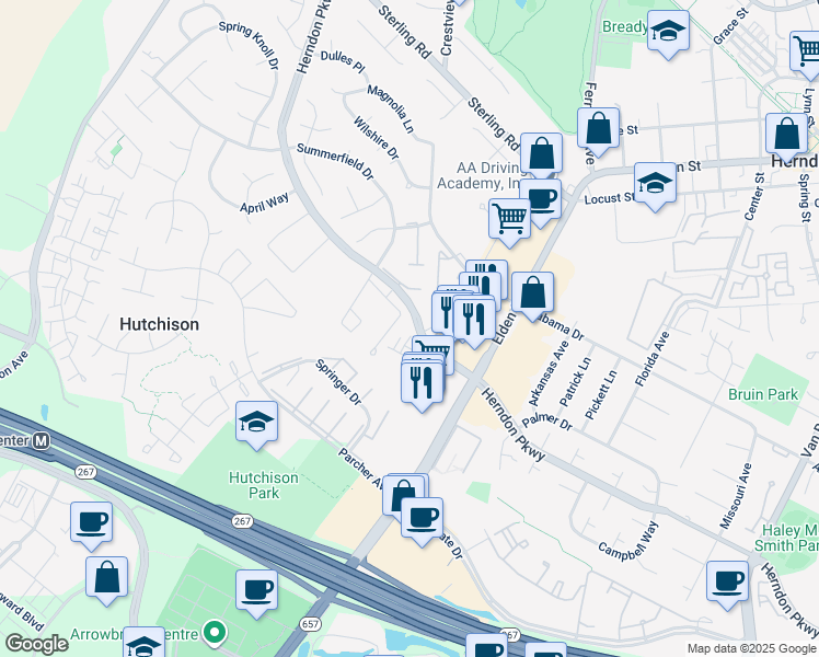 map of restaurants, bars, coffee shops, grocery stores, and more near 1163 Herndon Parkway in Herndon