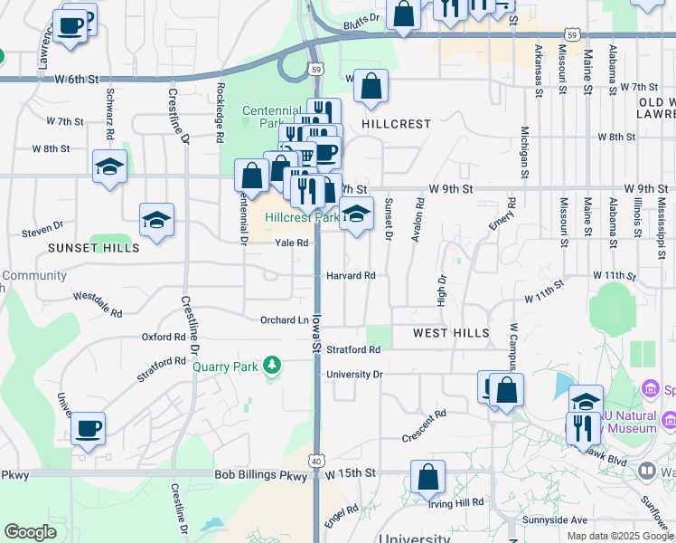 map of restaurants, bars, coffee shops, grocery stores, and more near 1108 Highland Drive in Lawrence