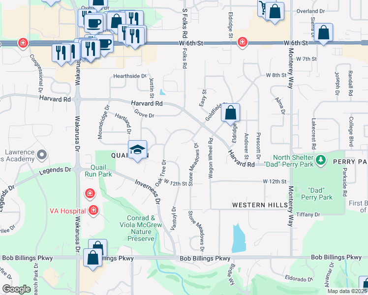 map of restaurants, bars, coffee shops, grocery stores, and more near 1124 Dubs Court in Lawrence