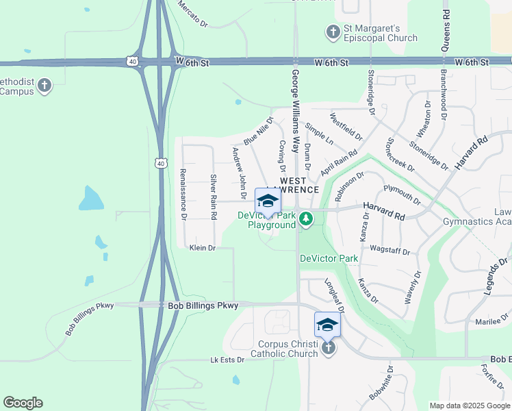 map of restaurants, bars, coffee shops, grocery stores, and more near 6113 Palisades Drive in Lawrence
