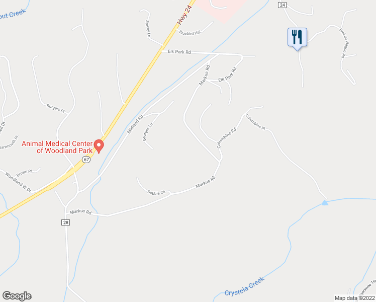 map of restaurants, bars, coffee shops, grocery stores, and more near 845 Markus Road in Woodland Park