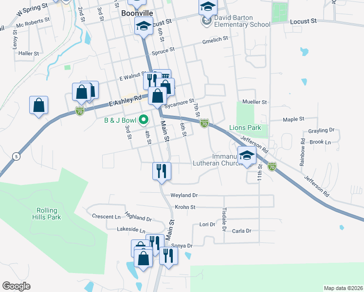 map of restaurants, bars, coffee shops, grocery stores, and more near 1307 6th Street in Boonville