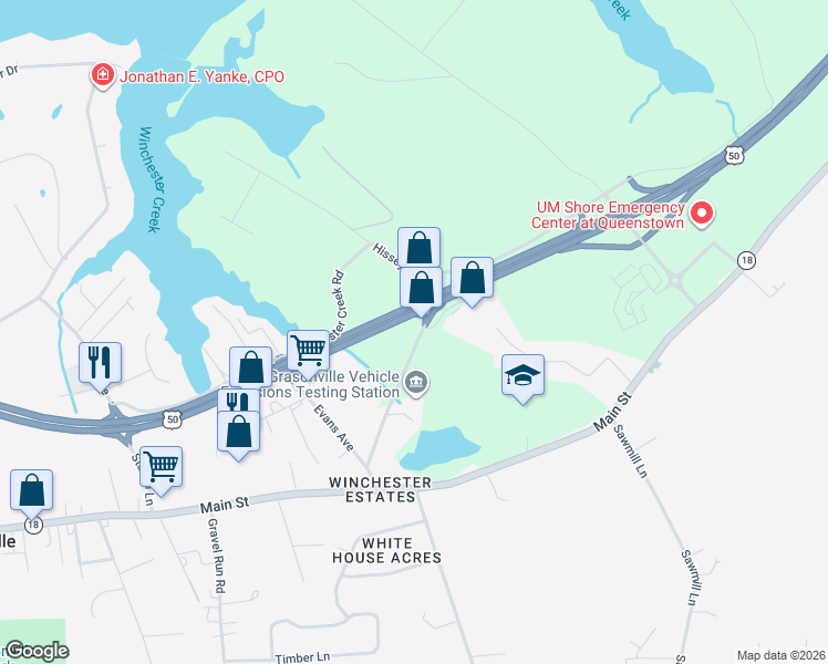 map of restaurants, bars, coffee shops, grocery stores, and more near 401 Hess Road in Grasonville