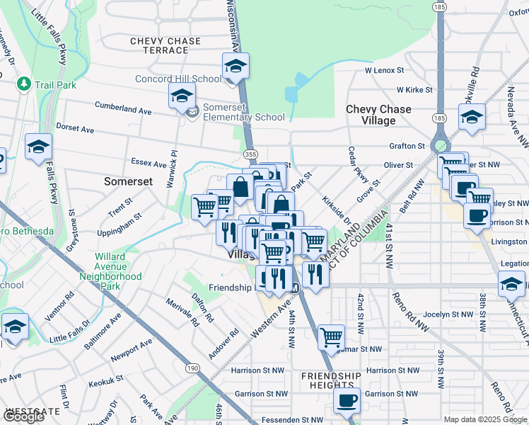 map of restaurants, bars, coffee shops, grocery stores, and more near 5520 Wisconsin Avenue in Chevy Chase