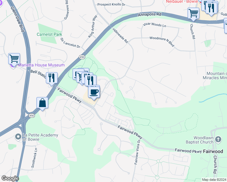 map of restaurants, bars, coffee shops, grocery stores, and more near 5410 Marshalls Choice Drive in Bowie
