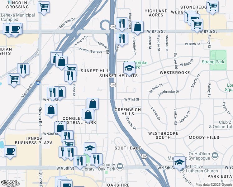 map of restaurants, bars, coffee shops, grocery stores, and more near 9009 Reeder St in Overland Park