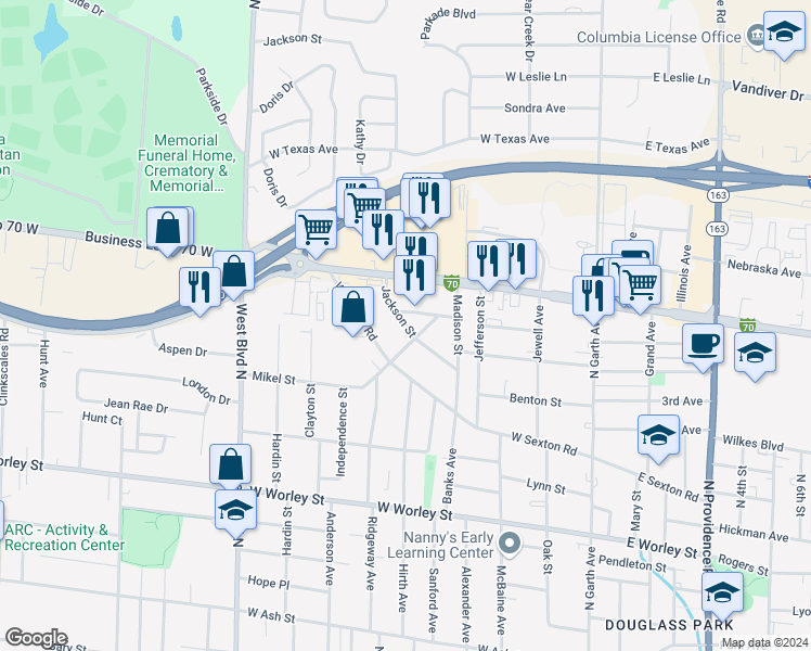 map of restaurants, bars, coffee shops, grocery stores, and more near 606 Jackson Street in Columbia