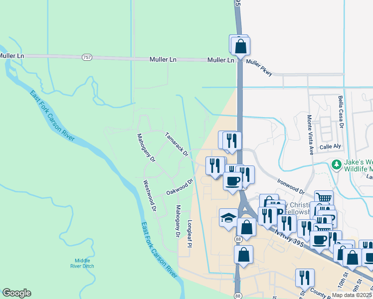 map of restaurants, bars, coffee shops, grocery stores, and more near 1764 Ironwood Drive in Minden