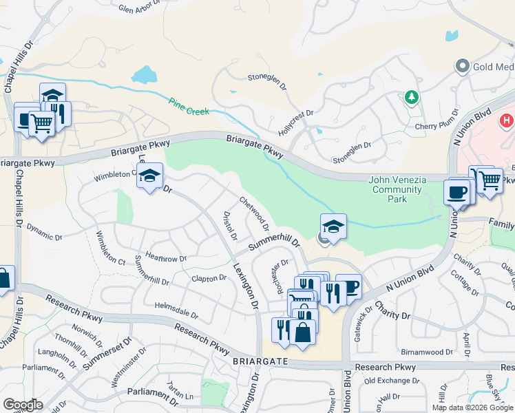map of restaurants, bars, coffee shops, grocery stores, and more near 8975 Thorncreek Drive in Colorado Springs
