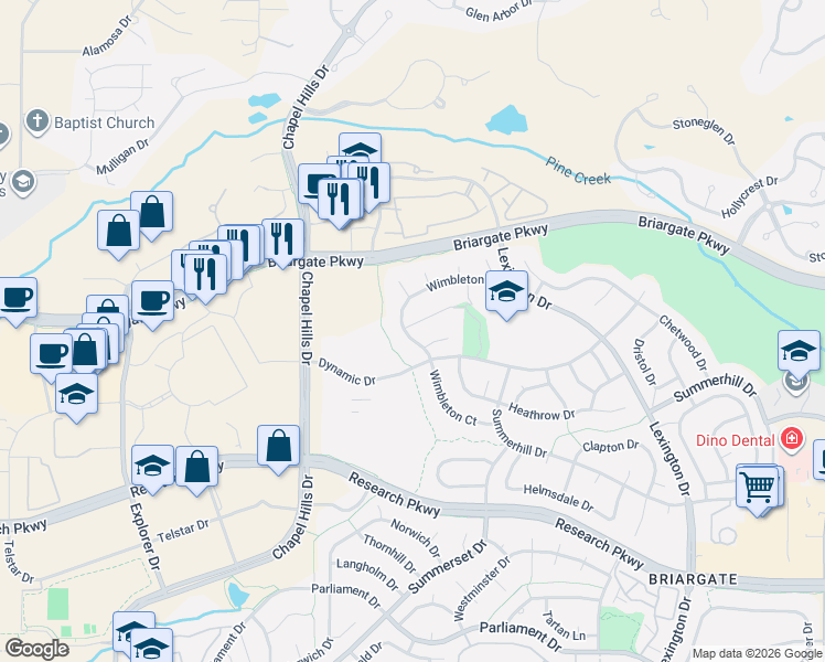 map of restaurants, bars, coffee shops, grocery stores, and more near 2325 Wimbleton Court in Colorado Springs