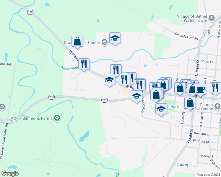 map of restaurants, bars, coffee shops, grocery stores, and more near 649 West Plane Street in Bethel