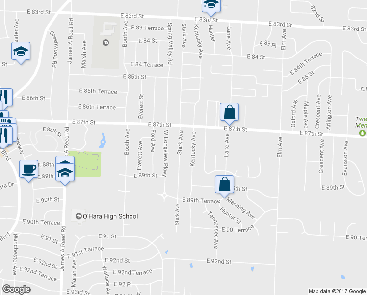 map of restaurants, bars, coffee shops, grocery stores, and more near 8801 Stark Avenue in Kansas City