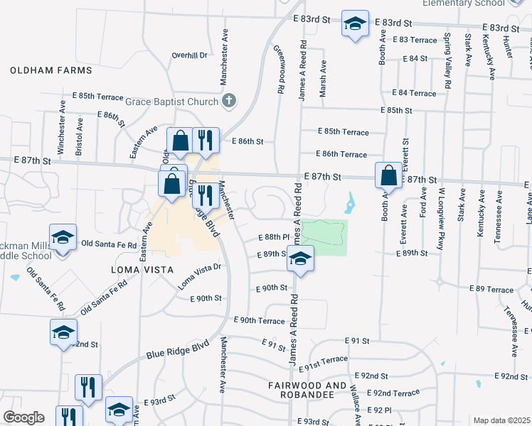 map of restaurants, bars, coffee shops, grocery stores, and more near 8003 East 88th Terrace in Kansas City