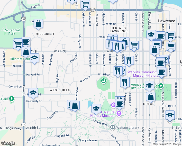 map of restaurants, bars, coffee shops, grocery stores, and more near 1130 West 11th Street in Lawrence