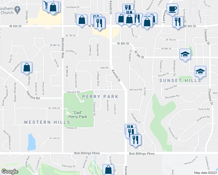 map of restaurants, bars, coffee shops, grocery stores, and more near 1102 Randall Road in Lawrence
