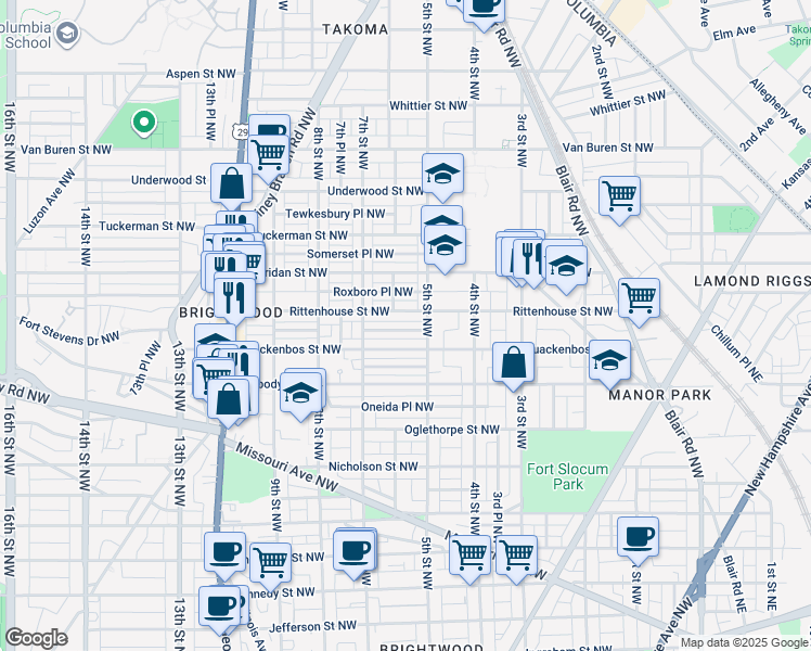 map of restaurants, bars, coffee shops, grocery stores, and more near 527 Quintana Place Northwest in Washington