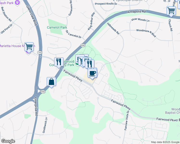 map of restaurants, bars, coffee shops, grocery stores, and more near 12500 Fairwood Parkway in Bowie
