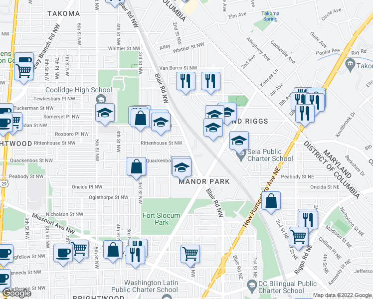 map of restaurants, bars, coffee shops, grocery stores, and more near 6122 Blair Road Northwest in Washington