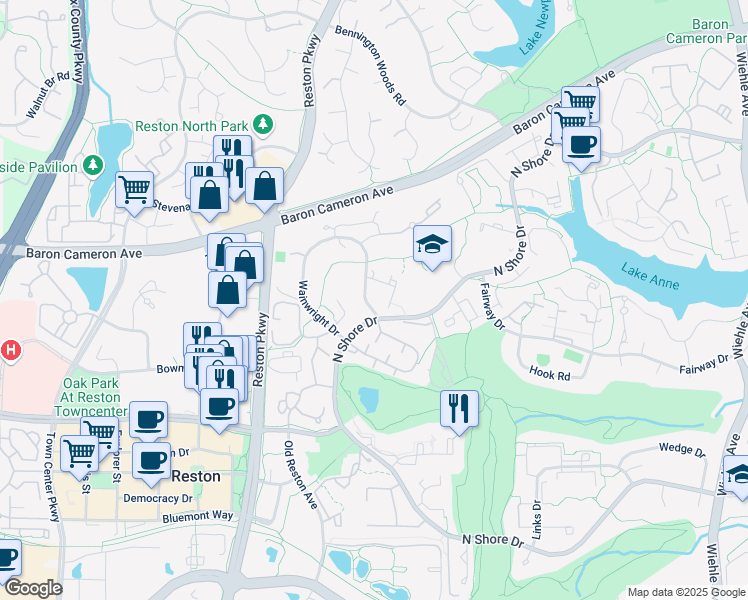 map of restaurants, bars, coffee shops, grocery stores, and more near 1622 Wainwright Drive in Reston