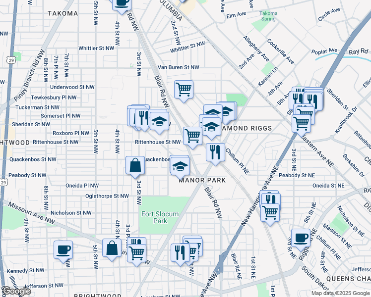 map of restaurants, bars, coffee shops, grocery stores, and more near 6122 Blair Road Northwest in Washington