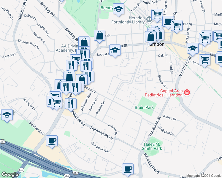 map of restaurants, bars, coffee shops, grocery stores, and more near 523 Florida Avenue in Herndon
