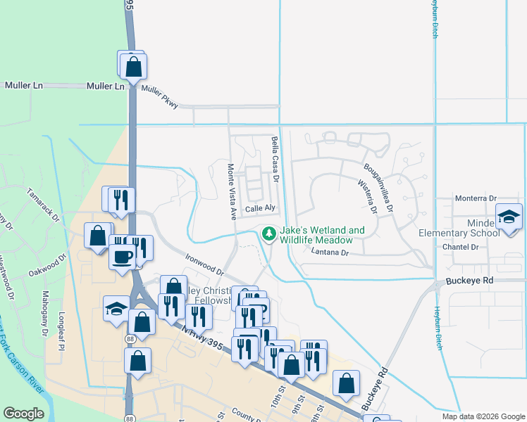 map of restaurants, bars, coffee shops, grocery stores, and more near 993 Bella Rosa Drive in Minden