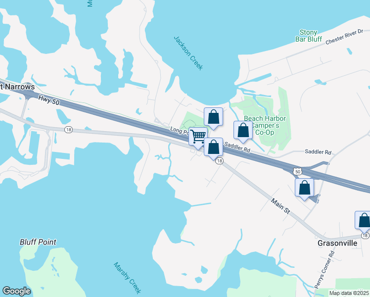 map of restaurants, bars, coffee shops, grocery stores, and more near 3630 Main Street in Grasonville