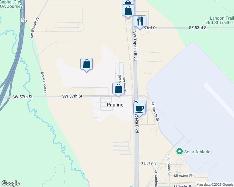 map of restaurants, bars, coffee shops, grocery stores, and more near 500 Southwest 57th Street in Topeka